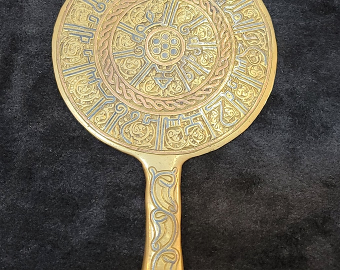 Amizing Antique Islamic 1400s Calligraphy Beautiful Bronze And Silver Inlaid Mirror Cover
