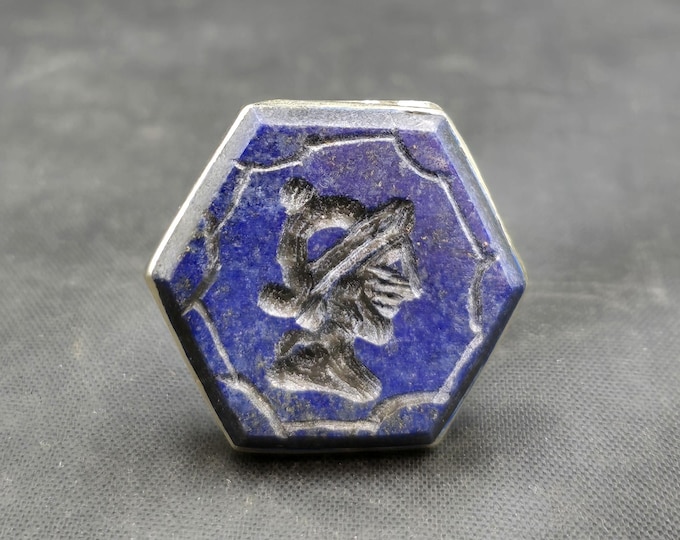 Vintage Soild Silver Near Eastern Beautiful Stamp Pendant With Lapis Lazuli King Intaglio