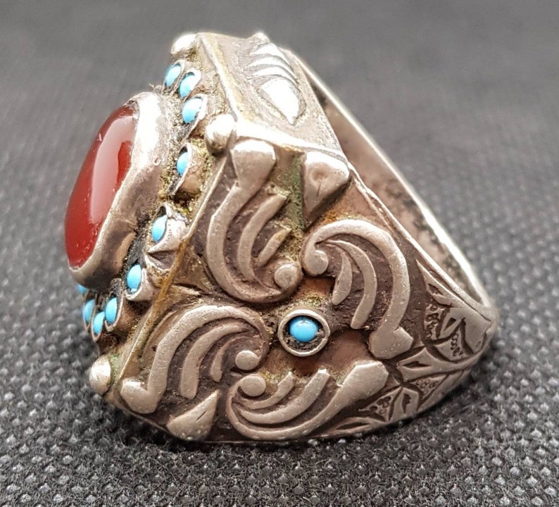 Wonderful Old Silver Antique Ring With Beautiful Agate And Turquoise Stone