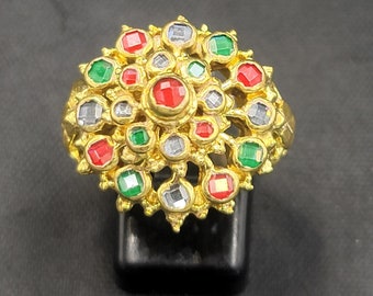 Vintage Pyu Design Beautiful Multi Simi Precious Gemstone Silver Gold Plated Ring