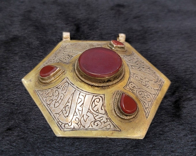 Antique Huge Silver With Gold Gulding Egyptian Unique Pendant With Red Agate Stone