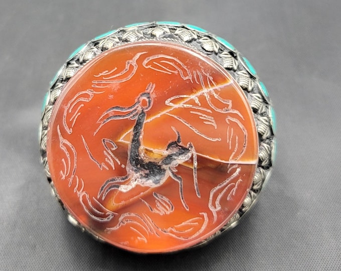 Super Gorgeous Unique Gaint Near Eastern Silver Ring With Agate Stone Deer Intaglio