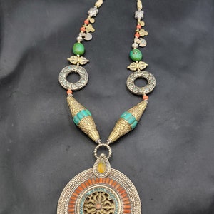 Handmade Tibetan Turquoise Coral Silver Necklace: Boho Pendant, 80cm