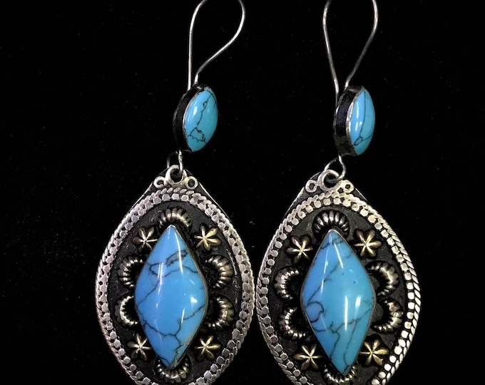 Handmade Wonderful Vintage Turquoise Stone Old Silver Earrings