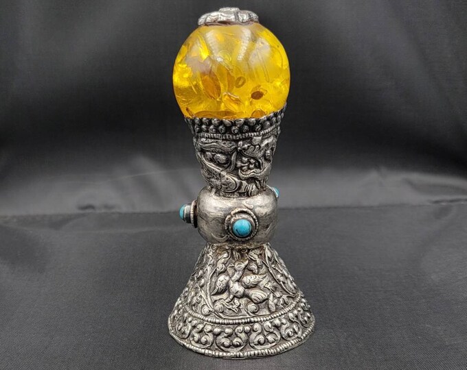 Antique Tibeten Silver Engraved Beautiful Stamp Seal With Natural Yellow Copal Stone and Turquoise Early 19th Century