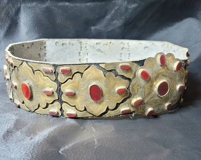 Rare Beautiful Antique Silver Afghan Turkman Belt With Gold Gulding With Red Agate Stone