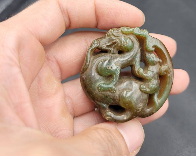 Antique Green Jade Stone Chine Ming Figure Carved Beads Pendant Amulet