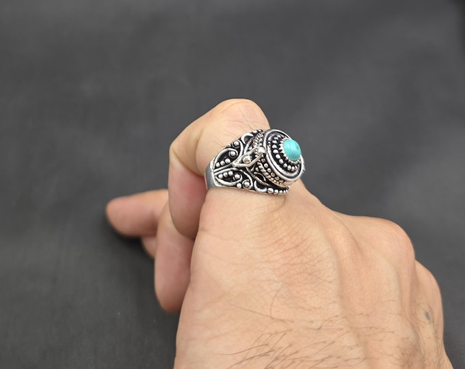 Authentic Silver Unique Tibeten Ring Box Ring With Natural Turquoise Stone Adjustable Respected Handmade Ring