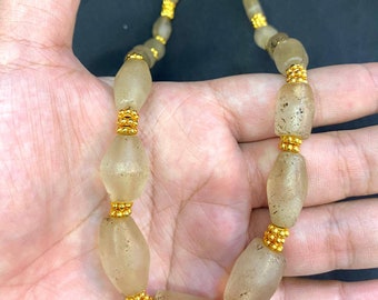 ANCIENT Clear Crystal Quartz Necklace Himalayan Stone Carved With Gold Plated Beads