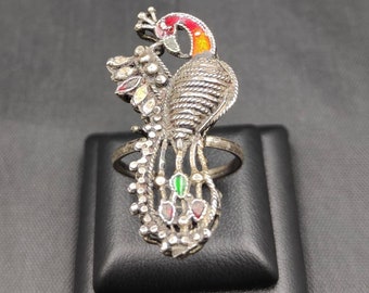 Antique Mughal Empire Silver Peacock Ring with Green Emerald, Size 7.5