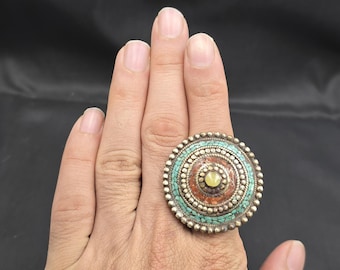 Wonderful Antique Soild Silver Tibeten Silver Handmade Huge Ring With Natural Turquoise Stone