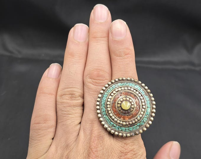 Wonderful Antique Soild Silver Tibeten Silver Handmade Huge Ring With Natural Turquoise Stone