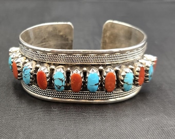 Handmade Vintage Authentic Sterling Silver Bangle Bracelet With Natural Turquoise And Coral Stone