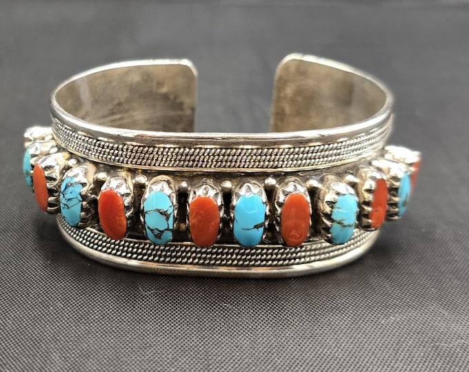 Handmade Vintage Authentic Sterling Silver Bangle Bracelet With Natural Turquoise And Coral Stone