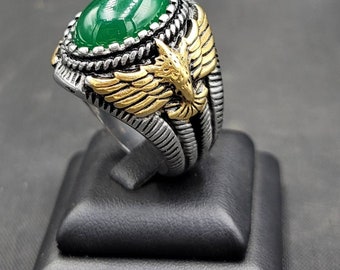 Antique Silver Ring: Gold Plated Eagle, Green Jade Stone
