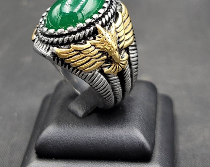 Near Eastern Old Silver Antique Ring With Gold Plated Handmade Ring With Green Jade Stone