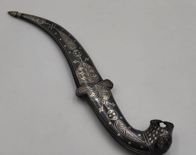 Antique Mughal Empire Wonderful Old Silver Knife Dagger Loin Head Handle Silver Inlay