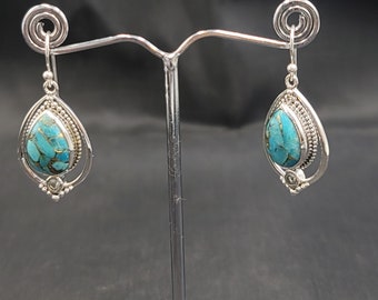 Beautiful Vintage Sterling Silver Earrings With Natural Authentic Turquoise Stone