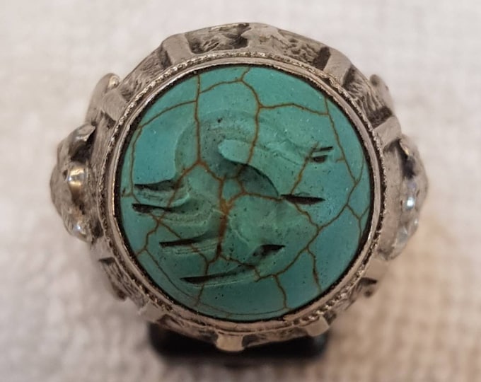Wonderful Deer Intaglio Turquoise Stone Vintage Old Silver Ring
