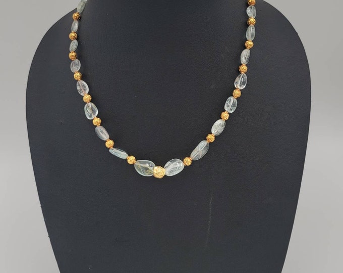 Natural Aquamarine Gemstone Necklace With Gold Plated Beads