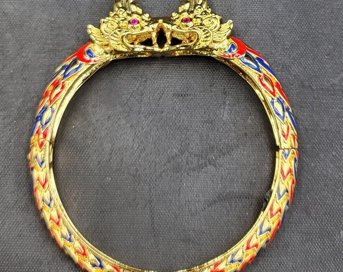 Antique Thai Enamel Art Silver Gold Plated Dorgon Face Bangle Bracelet with Ruby Gemstone Gold Over Silver