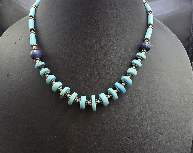 Beautiful Native American Natural Turquoise Wonderful Necklace With Lapis Lazuli Stone