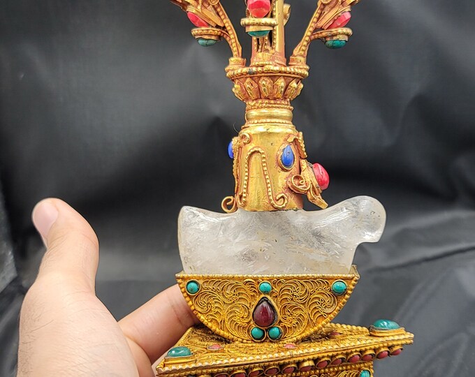 Rare Antique Himalayan Clear Crystal Quartz Tibetan Kartika Vagira Knife Axe Gold Gulit Art Deco