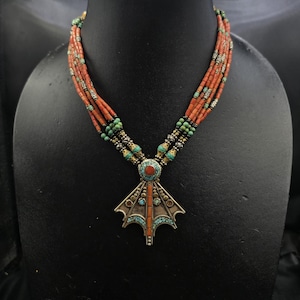 Vintage Tibetan Silver Necklace: Handmade Coral & Turquoise Pendant