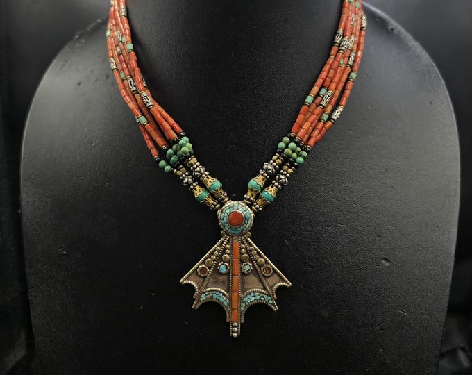 Beautiful Vintage Soild Silver Handmade Tibeten Necklace With Natural Coral and Turquoise Stone