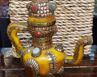 Handmade Antique Copal Agate Teapot: Tibetan Decor