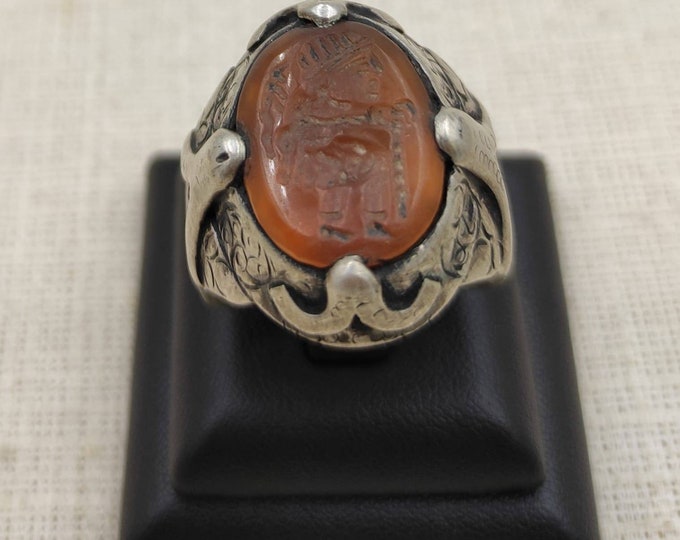Roman Worrier Intaglio Rare Unique Silver Ring With Natural Agate Stone