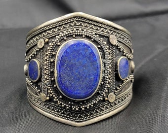 Beautiful Vintage Silver Mid Century Bangle / Bracelet With Natural Lapis Lazuli Stone