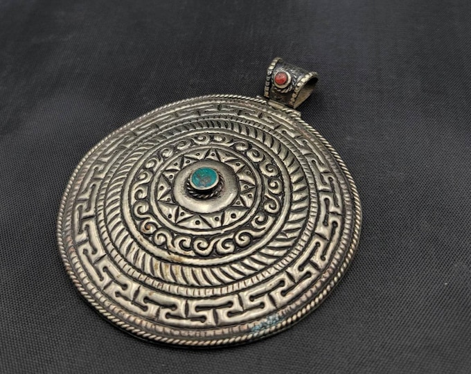 Huge Round Medaval Sindi Late Old Silver Pendant With Natural Turquoise Stone
