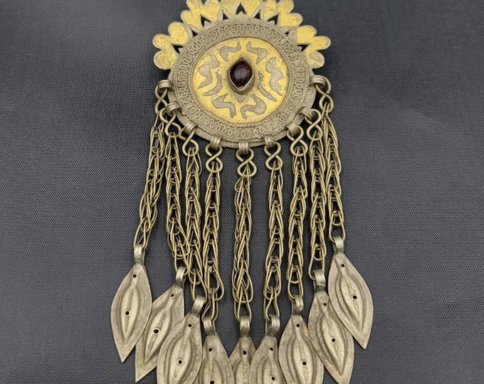 Afghan Turkmani Beautiful Antique Silver And Gold Gulding Pendant With Red Agate Stone