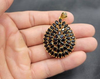Handmade Victorian Gold on Silver Pendant: Black Sapphire Gemstone