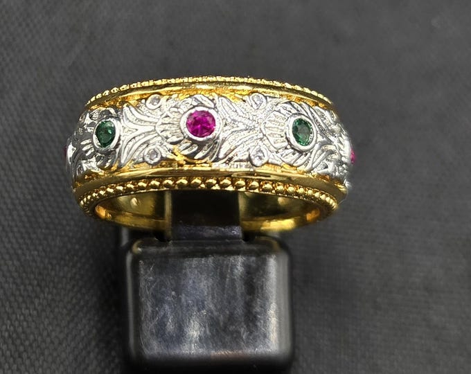 Handmade Vintage Authentic Silver Gold Plated Victorian Design Ring With Gemstones