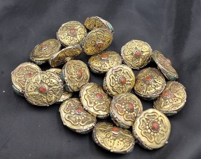 1 Beads Gold Gulding Wonderful Tibeten Handmade Authentic Beads With Coral And Turquoise Stone