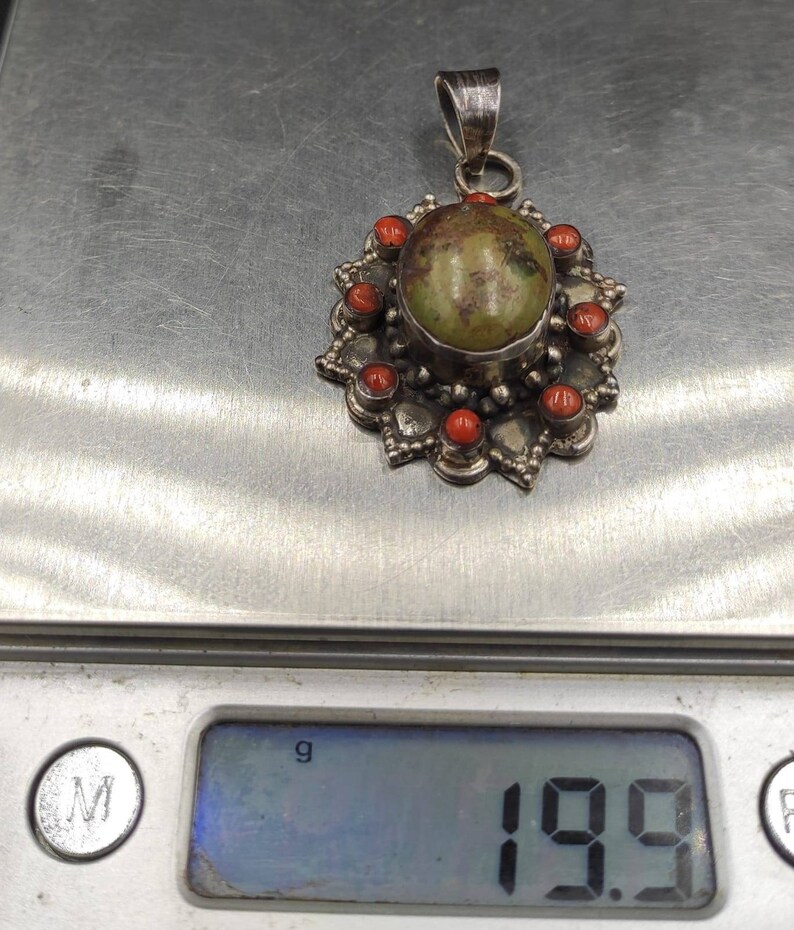Wonderful Antique Old Tibetan Silver Pendant With Natural Turquoise and Coral