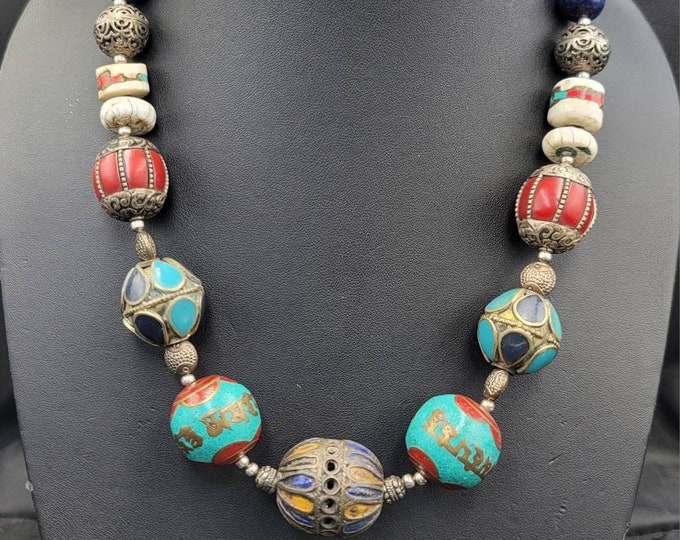 Beautiful Morakish Silver Enamel Beads Vintage Necklace With Old Authentic Stones