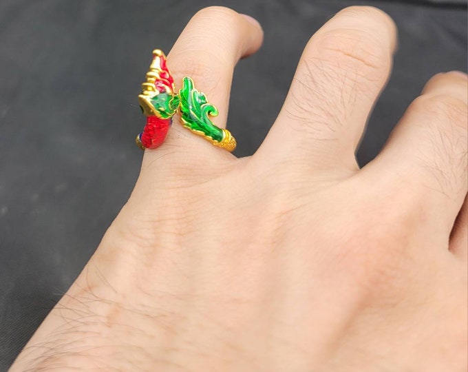 20k Gold Over Silver Ring Vintage Thai Ring With Enamel Art Adjustable Free Size Ring
