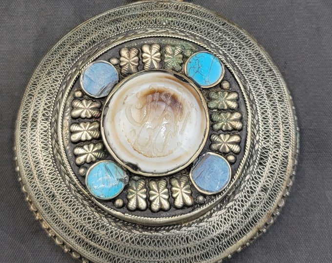Museum Quality Very Unique 16th Century Old Silver Pendant With Ancient Agate Stone Turquoise Stone