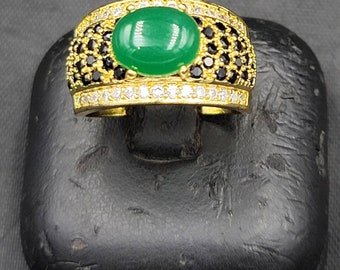 Handmade Green Jade Ring: Sterling Silver, Black Spinel - Size 8