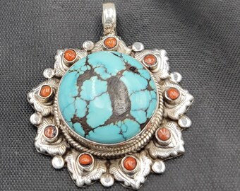 Vintage Sterling Silver Turquoise Pendant: Native American Coral Accent