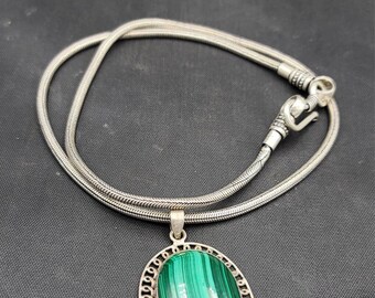 Natural Malachite Stone Silver Pendant with Chain (58cm)