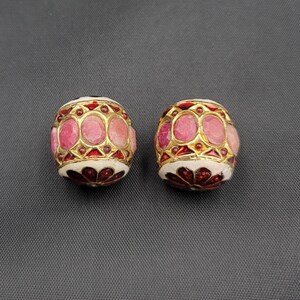 Vintage Gold Plated Ruby Beads: Enamel Art, Handmade (24mm)