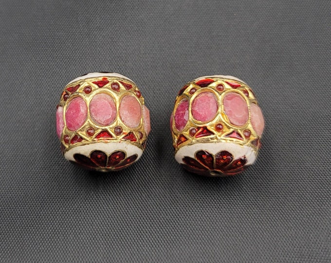 Beautiful Enamel Art Vintage Gold Gulding Beads With Natural Pink Ruby Gemstone