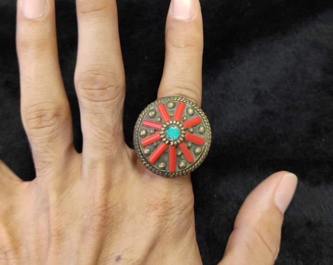 Vintage Tibeten Red Coral Wonderful Silver Plated Ring With Turquoise Stone