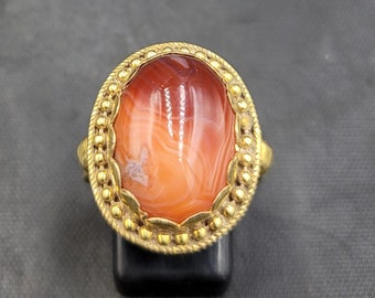 Handmade Gold Plated Agate Ring: Vintage Red Stone, Size 9