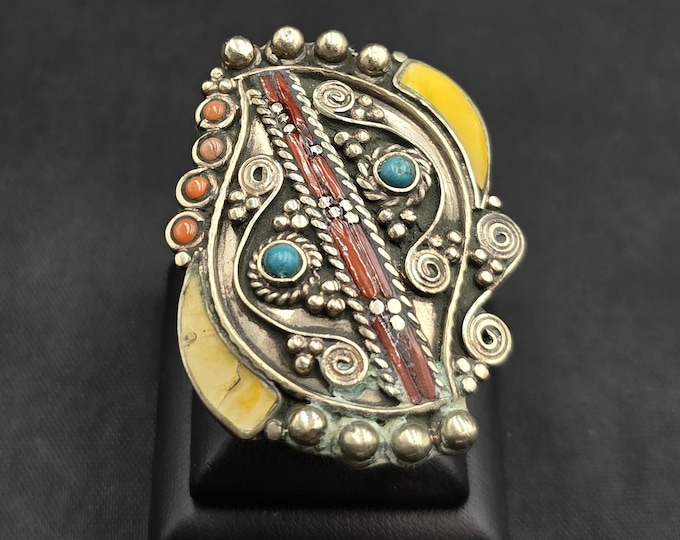 Handmade Vintage Authentic Silver Unique Big Ring With Natural Turquoise And Coral