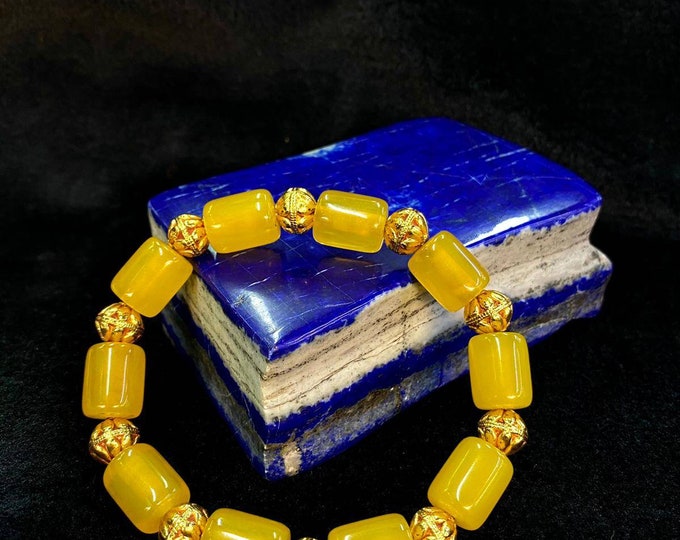 Beautiful Antique Old Yellow Copal Beads Bracelet With Gold Plated Beads Between